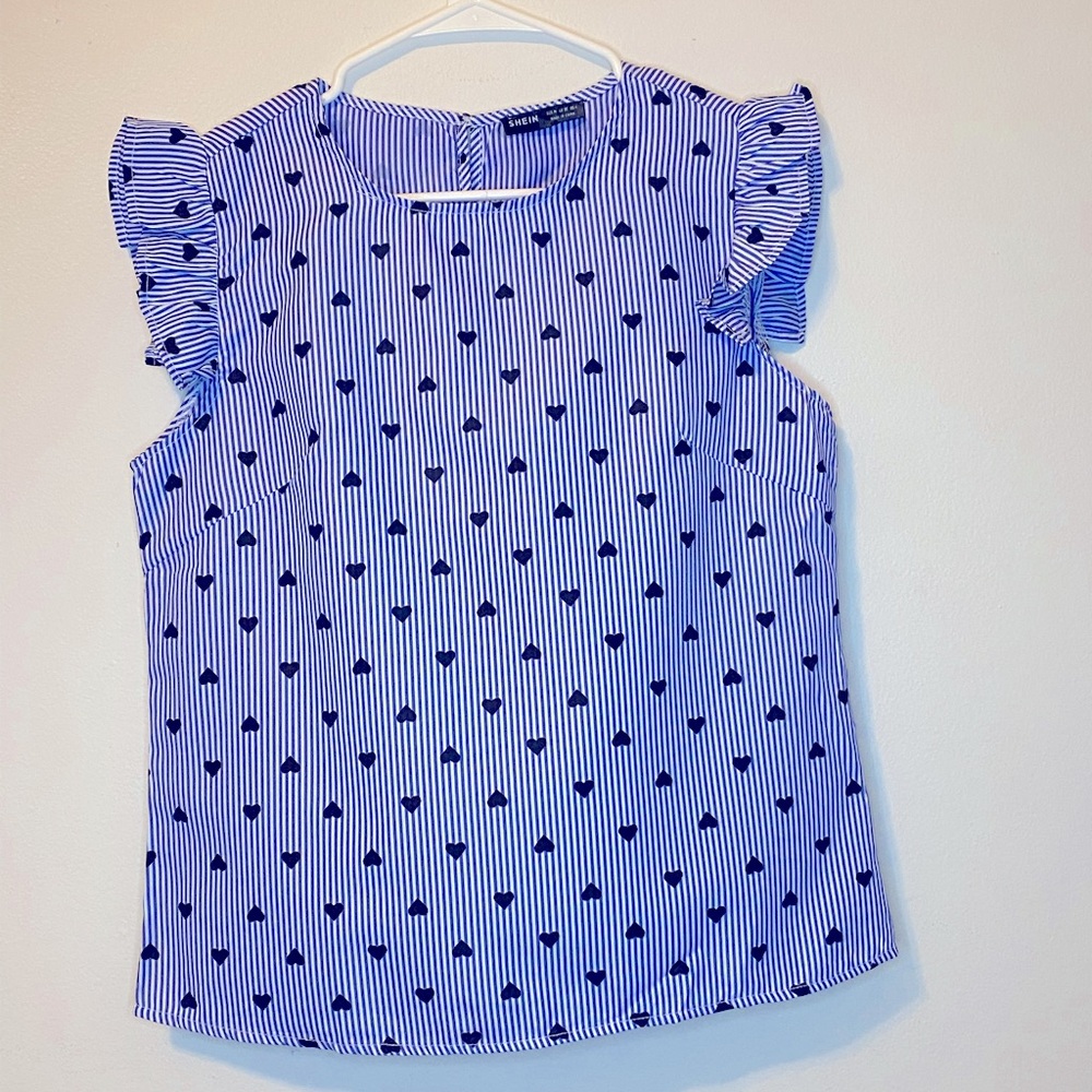Blue and White Blouse with Hearts